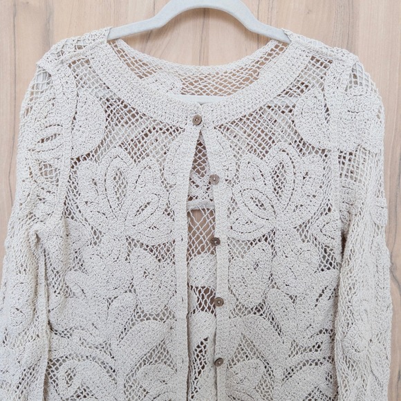 Womens Lace Crochet Cardigan Sz S Cream Floral Cottage Boho Shabby Chic Coquette - Picture 2 of 8